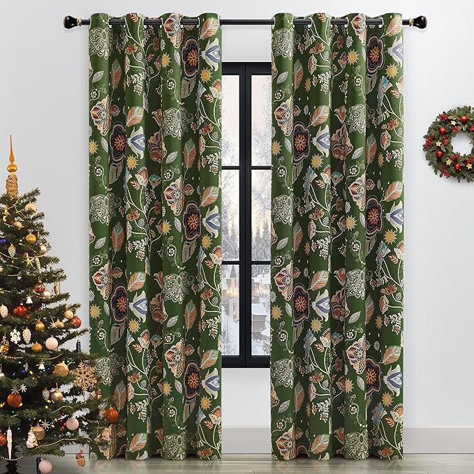 XiDi Green Floral Curtains 84 Inches Long 2 Panels Vintage Patterned Blackout Curtains for Bedroom Living Room Thermal Insulated Grommet Luxury Cottage Dark Botanical Printed Drapes Moss Green 52x84