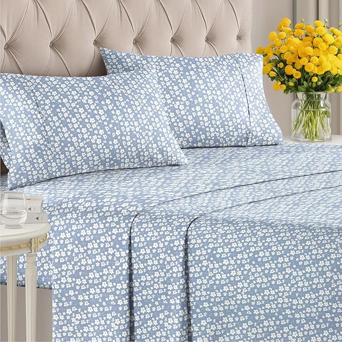 Floral Sheets - Blue Floral Bed Sheet Set - 1 Flat, 1 Fitted & 2 Pillowcases w/ Deep Pockets - Comfy, Wrinkle & Fade Free - Boho Botanical Bedding - Ultra-Soft, Breathable & Cooling - Full Size Set