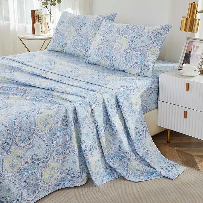 Brandream Paisley Queen Size Sheet Set Luxury Floral Boho Bohemian Medallio Bedding Collections 800 Thread Count 100% Egyptian Cotton Deep Pocket, 4 Piece, Blue