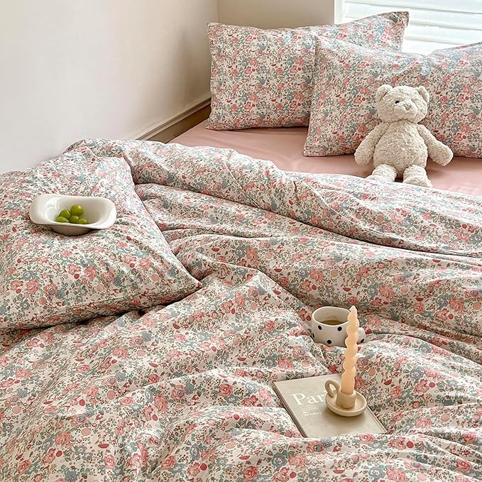 Boho Floral Duvet Cover Queen Soft Cotton Aesthetic Floral Bedding Sets French Style Pink Blue Flower Branches Duvet Cover Chic Shabby Garden Floral Comforter Cover Botanical Queen Size Bedding Sets