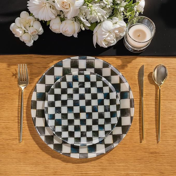 U-QE 20PCS Black Plastic Plates for Party - Retro Checkered Plates Disposable Heavy Duty - Black and White Plate for Party, Birthdays - 10 10.25 Inch Dinner and 10 7.5 Inch Dessert Plate