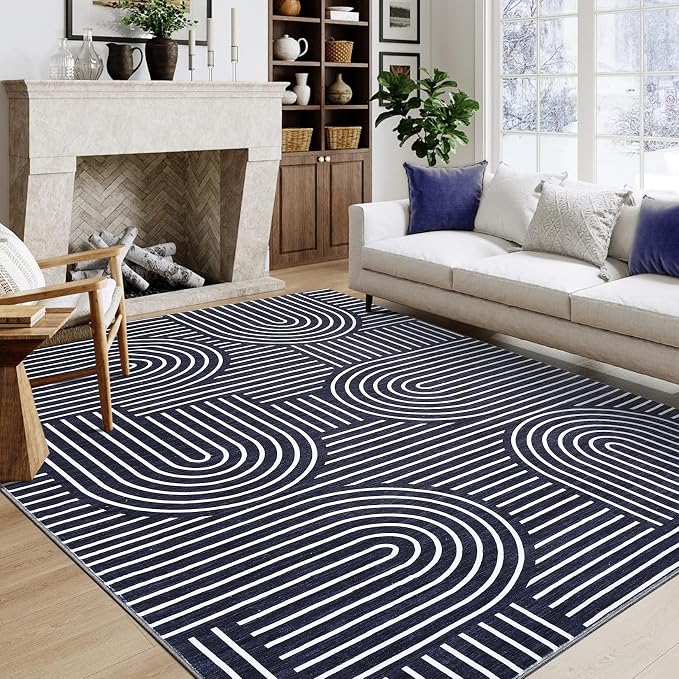 9x12 Area Rug Washable Modern Abstract Rugs for Living Room Non Shedding Soft Bedroom Boho Carpet Ultra-Thin Low Pile Living Room Floor Covers Abstract Lines Carpet for Playroom Kids Room, Blue