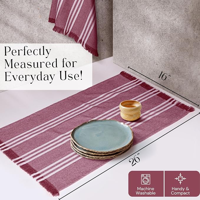 Prewashed Stripe Dish Towels 12 Pack, 16x26 Inches, Absorbent Hand Towels for Kitchen Use, Quick Dry Cloths for Cleaning, Durable Washable Rags, Reusable Dishcloth Set - Burgundy Wine