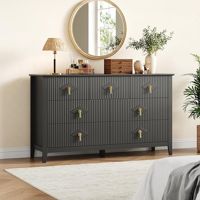 GarveeHome Fluted Dresser for Bedroom, 54 Inch Wide 7-Drawer Wood Dresser, Modern Chest of Drawers, Storage Organizer Cabinet for Living Room, Hallway, Entryway, Black