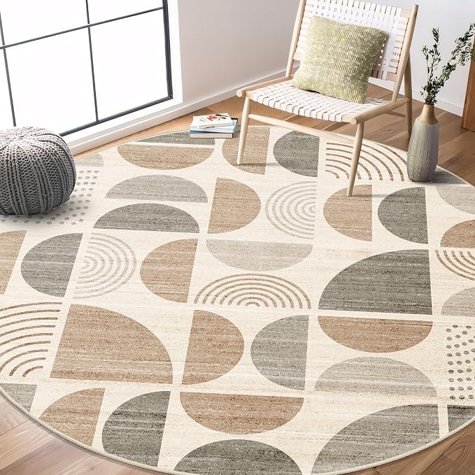 MUJOO Round Rugs 6ft,Circle Area Rug Washable,Circular Rugs for Living Room Dining Room,Large Boho Non Slip Throw Floor Carpet Modern Abstract Bohemian Neutral Beige