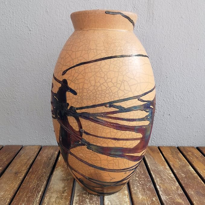 RAAQUU Large Oval Ceramic Half Copper Matte Vase S/N0000490 13.5" Raku Clay Pottery Handcrafted Art Home Décor Table Centerpiece Unique Gift for Her, Mom