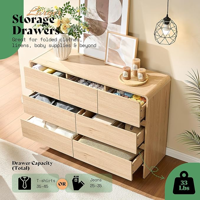 AMERLIFE 7 Drawer Dresser for Bedroom, 49" Wide Modern Chest of Storage Drawers with Rounded Corners, Anti-Tip Kit, Wood Cabinet Organizer for Closet, Apartment, Nursery, Easy Assembly, Light Oak