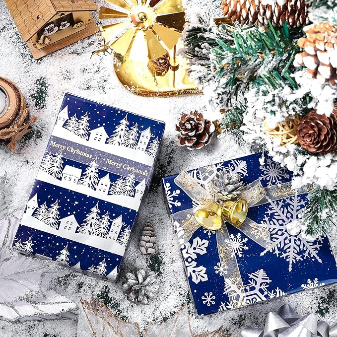 LeZakaa Navy Christmas Wrapping Paper Min Roll, Snowy Woodland Scenes House Snowflake Tree Holiday Gift Wrap, Arts Craft, for Xmas Winter Party Men Women, 17 x 120 inches, 3 Rolls