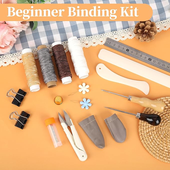 FUXAFU 39 Pcs Bookbinding Tools Kit with Bone Folder, Waxed Thread, Binding Ribbon, Glue Brush, Awl, Needles, Ruler for DIY Bookbinding, Paper Crafts, and Book Repair