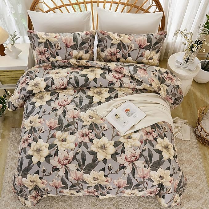 Bedding_Dreamer Floral Comforter Set Queen, 100% Cotton, Elegant Flowers Botanical Bedding Set Colorful Watercolor Cute Flower and Leaves Shabby Chic Cottage, 4 Pcs