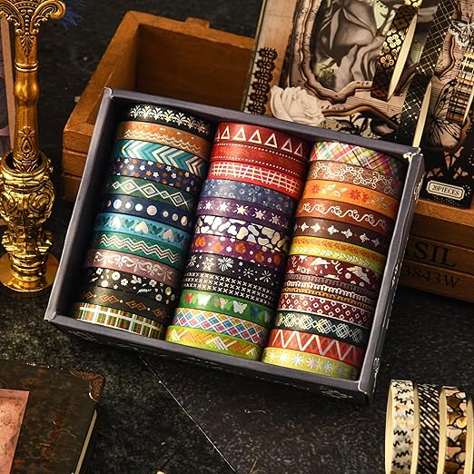 Songdao 36 Rolls Skinny Washi Tape Set Gold Foil Detailing Arts Adhesive Tapes Basic Patterns Decorative Masking Tape Sets for Craft, Kids, Scrapbook, DIY, Gift Wrapping (Colorful Silver)
