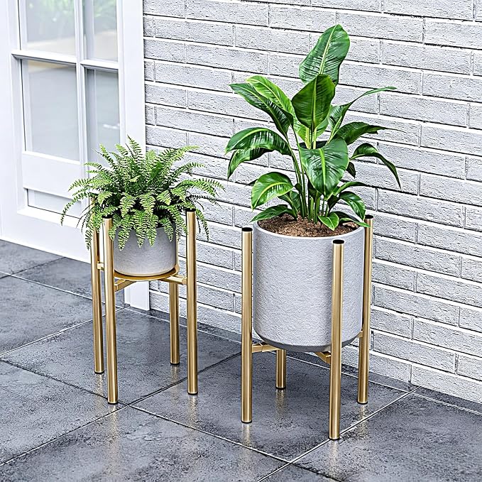 Adjustable Metal Plant Stand Indoor, Fits 8-14 Inch Pots, Mid Century Modern Gold Planter Holder,2 Heights, Heavy Duty 160 lb, Indoor Outdoor Corner Floor Pot Stand, Golden with Round Plate 2 Pack