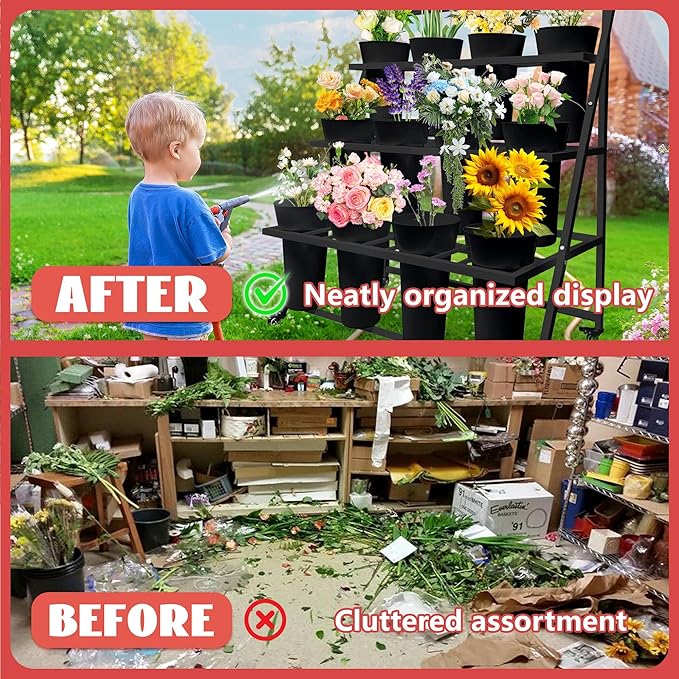 PROLEE Flower Display Stand with 12 Buckets, Flower Cart 3 Layers, Flower Stand Metal with Wheels, Moving Florist Bouquet Shelf, Triangular Rack Black