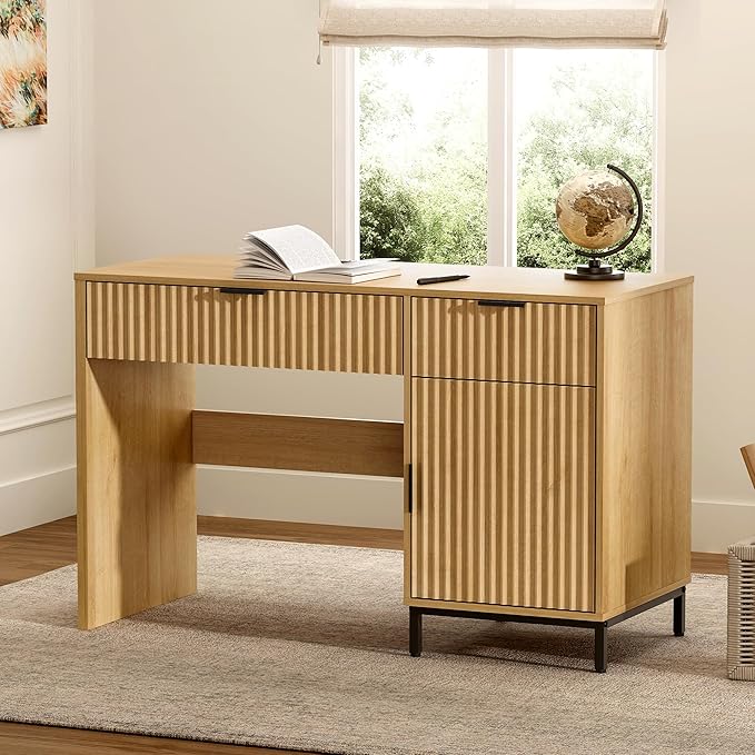 47" Fluted Executive Desk, Modern Wood Home Office Desk with Charging Station, Drawer & Cabinet, Computer Writing Desk for Work Study, Natural Oak
