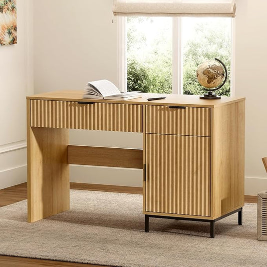 47" Fluted Executive Desk, Modern Wood Home Office Desk with Charging Station, Drawer & Cabinet, Computer Writing Desk for Work Study, Natural Oak