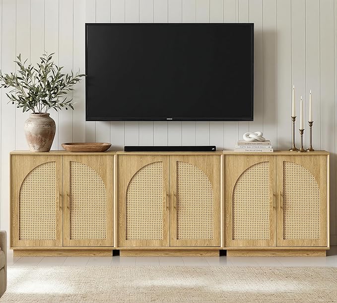 FORTUNETEC Sideboard Buffet Cabinet with Storage Set of 3, Modern Accent Cabinet with Rattan Arched Doors, Modular Media Console, Boho Credenza for Living Room Kitchen Dining Room Entryway, Oak