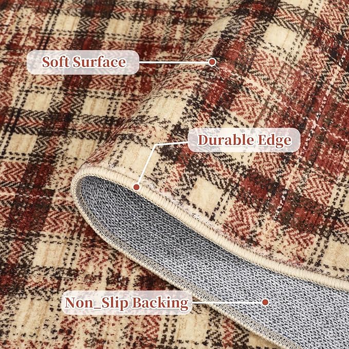 Washable Rugs 5x7 Rug for Living Room Bedroom Rug Modern Plaid Area Rug Soft Carpet 5'x7' Red