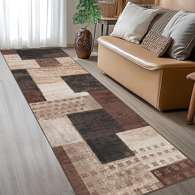 Modern Geometric Patchwork Indoor Runner Rug for Living Room, Chocolate 2.7'x 10' Rug Rockwood Collection Hardwood Floors Decor for Bedroom, Brown Throw Carpet for Office Entryway Dining Room