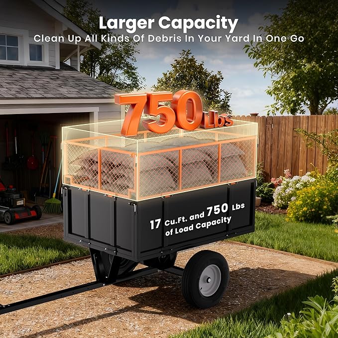 ATV UTV Trailer, Garden Utility Trailer Tow Behind Dump Trailers, 17 Cu.Ft Capacity & Heavy Duty 750 Lbs Steel Dump Cart, with Foldable Mesh Fence, Yard Garden Trailers for Lawn Mower Tractor