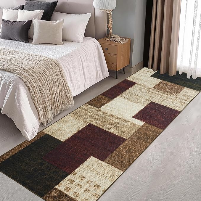 Modern Geometric Patchwork Indoor Runner Rug for Living Room, Red 2'x 6' Rug Rockwood Collection Hardwood Floors Decor for Bedroom, Burgundy Throw Carpet for Office Entryway Dining Room