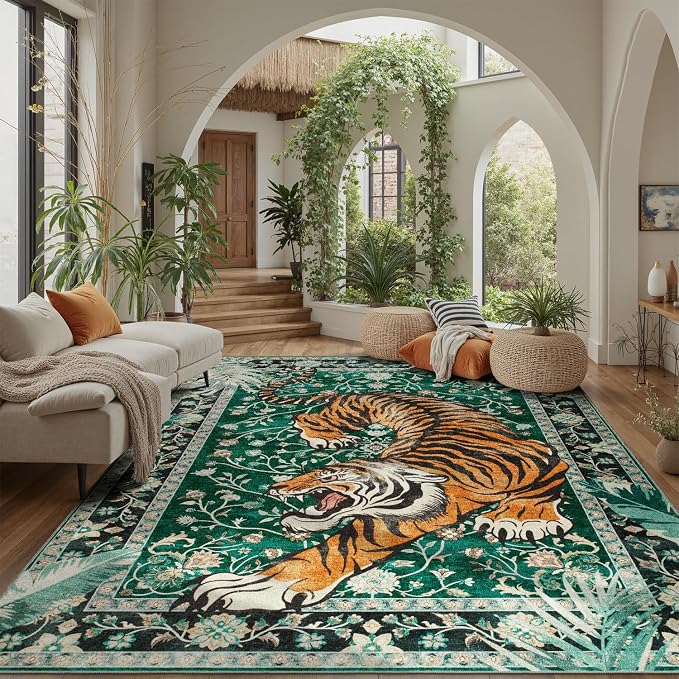 DCX Washable 8x10 Tiger Area Rug, Green Vintage Animal Rug for Living Room, Soft Low Pile Carpet, Kid & Pet Friendly with Rubber Back Non Slip, Stain Resistant Rug for Bedroom Dining Room Office