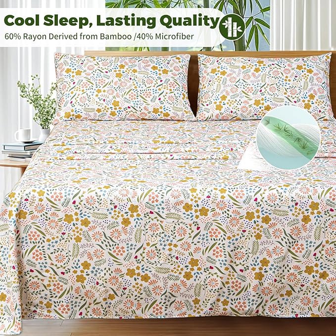 Bedlifes Extra Deep Pocket 18-24" Queen 4-Piece Sheet Set - Cooling Sheets Blend Rayon Derived from Bamboo Soft & Breathable,Featuring Floral