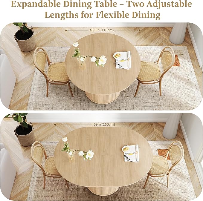 weselon 43"-59" Extendable Round to Oval Dining Table with Hidden Storage, Modern Wooden Kitchen Table with Fluted Sliding Door Cabinet, Expandable Dinner Table for Dining Room Living Room (Natural)