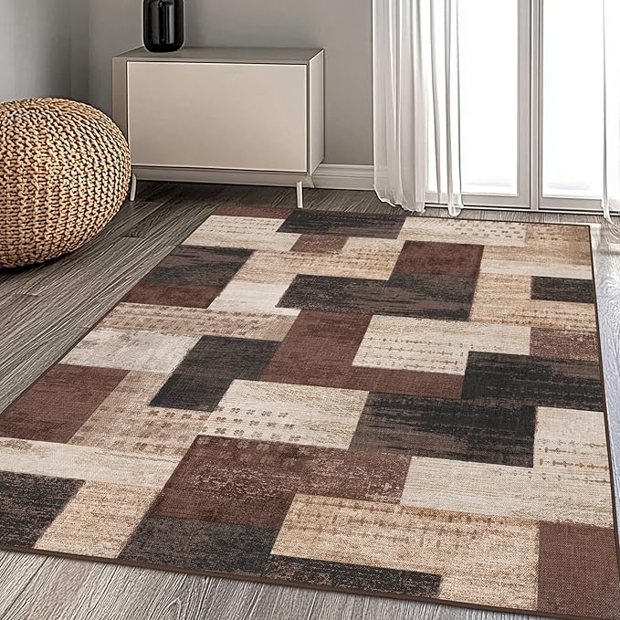 Modern Geometric Patchwork Indoor Area Rug for Living Room, Chocolate 10'x 14' Large Rug Rockwood Collection Hardwood Floors Decor for Bedroom, Brown Throw Carpet for Office Dining Room