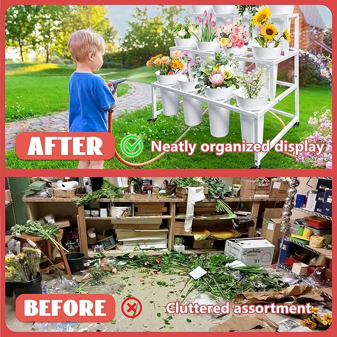 PROLEE Flower Display Stand with 12 Buckets, Flower Cart 3 Layers, Flower Stand Metal with Wheels, Moving Florist Bouquet Shelf, Rectangular Rack (White)