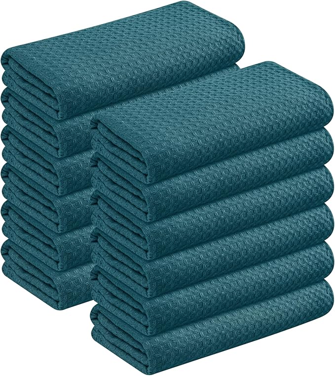 Teal Green Kitchen Towels – Waffle Weave, 100% Cotton, Soft & Absorbent, Fast Dry, Durable, 16x26 Inches, Perfect for Dish Drying, Bar, Cleaning, and Everyday Use, Set of 12, Teal