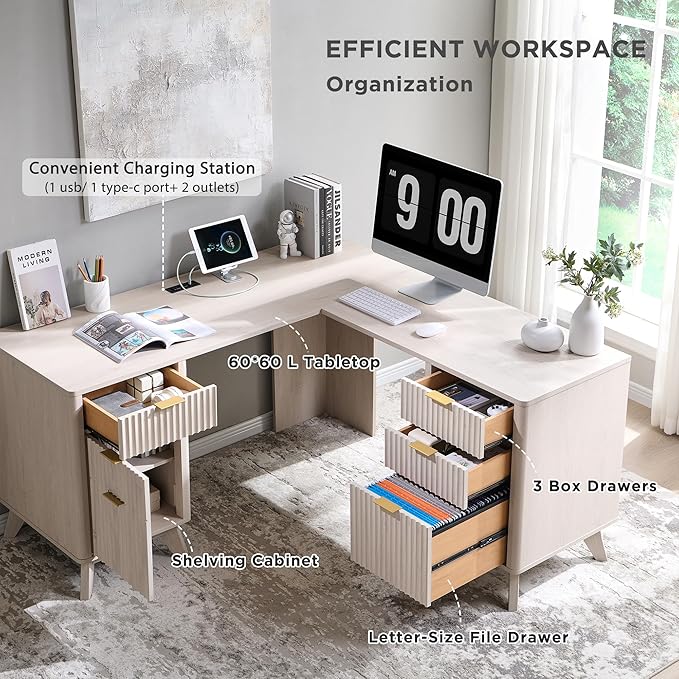 T4TREAM 60" Fluted Executive L Shaped Desk, Modern Home Office Desk with Charging Station and File Drawer, Computer Corner Desks with Drawers & Storage Cabinet for Office Home, Bedroom, Alder White