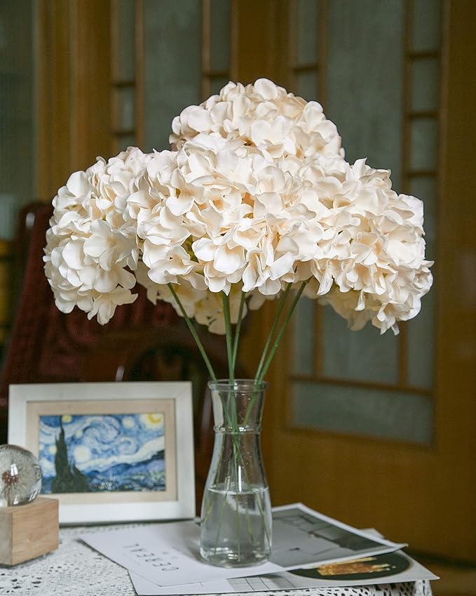 DuHouse Hydrangea Silk Flowers Large Artificial Flowers with Stem Fake Champagne Flower Heads for Wedding Centerpiece Home Decor Pack of 6