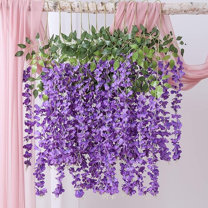 Duovlo 12 Piece Artificial Silk Wisteria Vine 3.6 Feet Ratta Hanging Flower Garland String Home Party Wedding Decor(Purple)