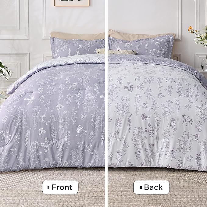 Bedsure Queen Comforter Set - Lavender Bed Set, 3 Pieces Cute Floral Bedding, 1 Soft Reversible Botanical Flowers Comforter and 2 Pillow Shams