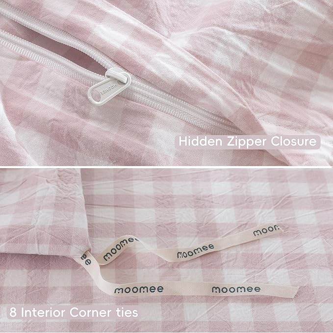 MooMee Gingham Duvet Cover Set 100% Washed Cotton Linen Like Textured Breathable Durable Soft Comfy Modern Checkered Design (Classic Gingham Greyish Pink, Cal King 104"x98")