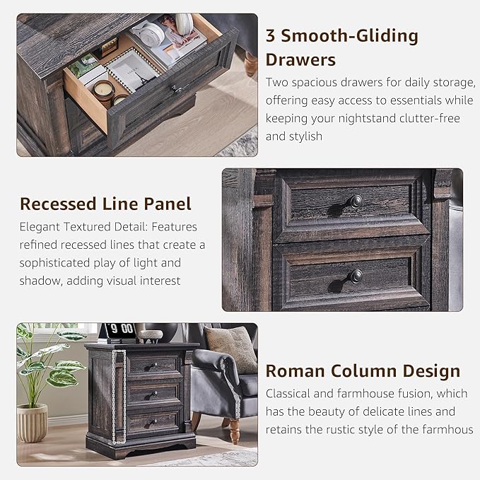 T4TREAM 24" Wide 3 Drawer Dressers, Farmhouse 26" Tall Bedside Side Table with 3 Drawers, Wooden Side Table with Roman Column, End Table for Bedroom, Living Room, Hallway, Dark Rustic Oak