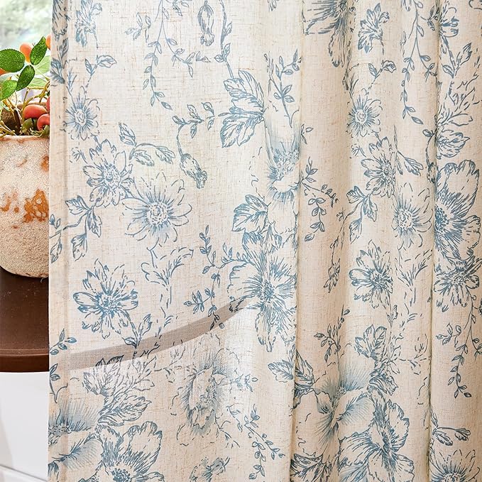 jinchan Linen Blend Curtain Floral Curtains for Living Room 63 Inch Length Blue Printed Curtain Rod Pocket Back Tab Farmhouse Peony Flower Patterned Drapes Bedroom Window Curtains Set 2 Panels