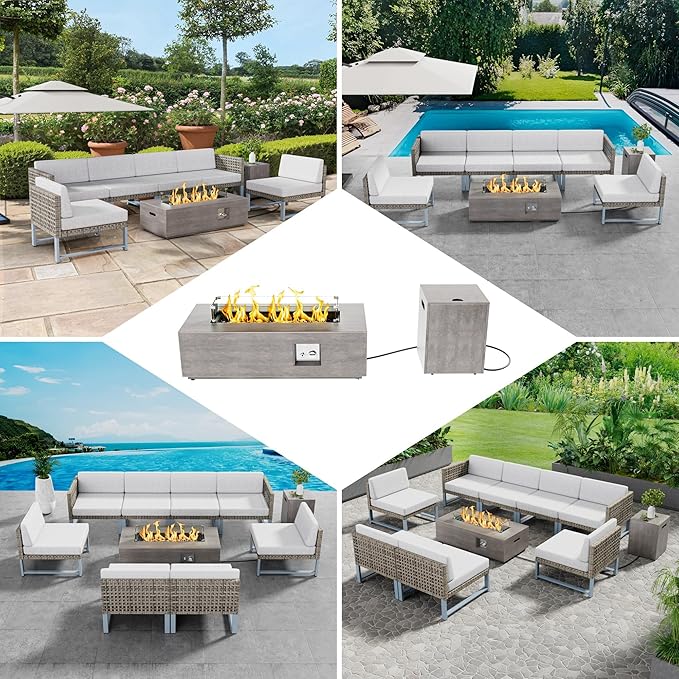 2-Piece 42" LED Rectangular Propane Fire Pit for Outside Patio with Hidden Tank Table, 50,000 BTU Fireplaces with Glass Wind Guard, Lid, Glass Rocks, Cover(Grey w/Warm Light)