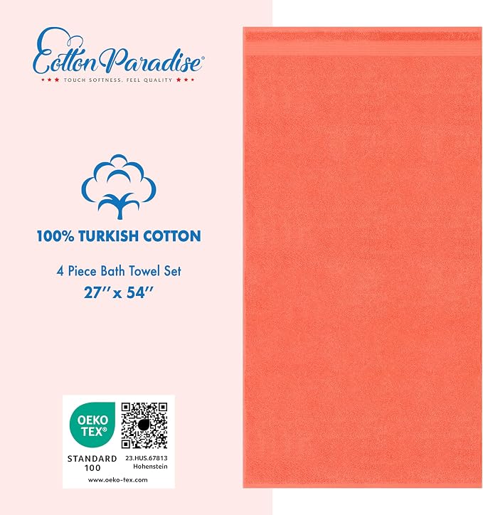 Cotton Paradise 4 Piece Turkish Bath Towels for Bathroom, 100% Cotton Extra Large Soft Plush Towels Bathroom Set, Coral