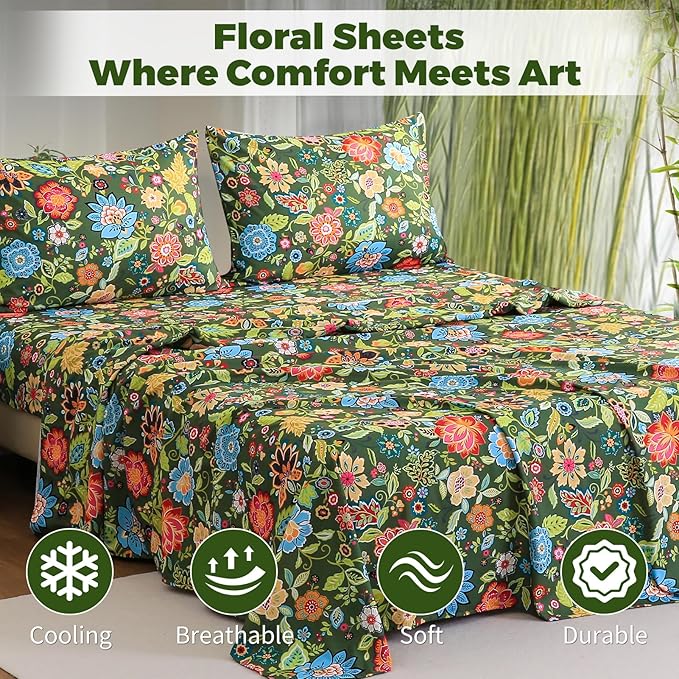 Bedlifes Extra Deep Pocket 18-24" Queen 4-Piece Sheet Set - Cooling Sheets Blend Rayon Derived from Bamboo Soft & Breathable Floral Dark Green