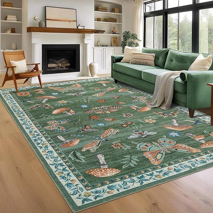 Washable 8x10 Mushroom Floral Rugs for Living Room Low Pile Soft Bedroom Large Accent Carpet Non Slip Non Shedding Nursery Playroom Carpet Mats Boho Vintage Green Carpets for Dining Apart Dorm, Green