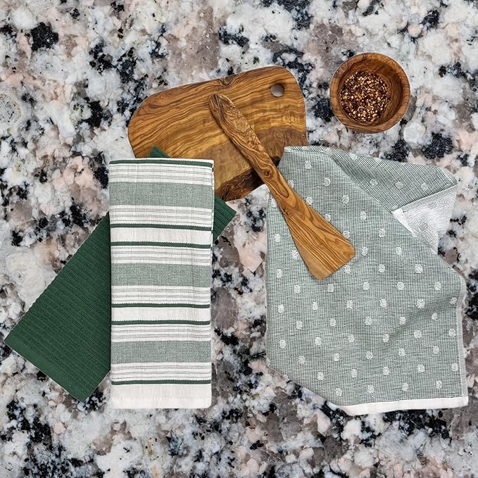 Dark Sage Green White Kitchen Hand Dish Towels: Oversized 28" x 16" 100% Cotton Cloth Soft Cleaning Drying Absorbent Striped Solid Polka Dot Design Set of 3, Multipurpose for Everyday Use