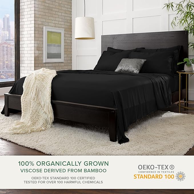 Pure Bamboo King Sheets, Genuine 100% Organic Viscose Derived from Bamboo Bed Sheet Set, Luxuriously Soft & Cooling, Double Stitching, 2 Year Quality Promise (King, Black)