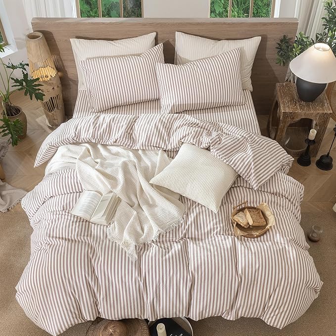MooMee Striped Duvet Cover Set 100% Washed Cotton Linen Like Textured Breathable Durable Soft Comfy (Orange Classic Stripes, Full 80"x90")