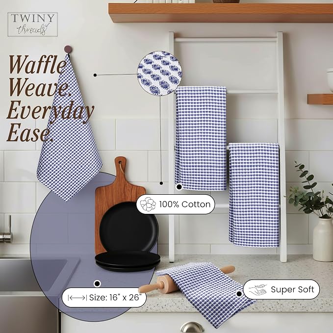 TWINY threads 4 Pack Circle Waffle Tea Towels 16x26 Inches, 100% Cotton, Heavy Duty, Thick, Absorbent, Professional Grade Dish Cloths, Ideal for Restaurants, Bars, Heavy Duty Use, Indigo Blue