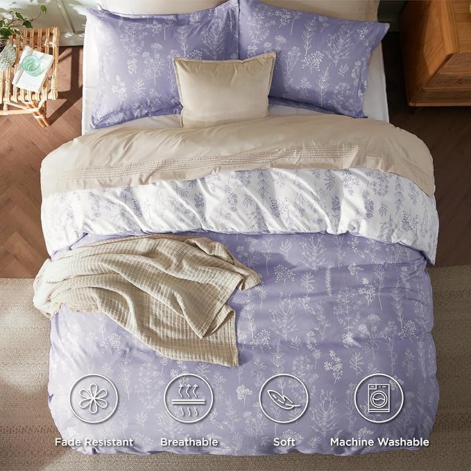 Bedsure Duvet Cover Queen Size - Reversible Lilac Purple Queen Duvet Cover Set with Zipper Closure, 3 Pieces Cute Floral Patterned Bedding Set with 8 Corner Ties and 2 Pillow Shams