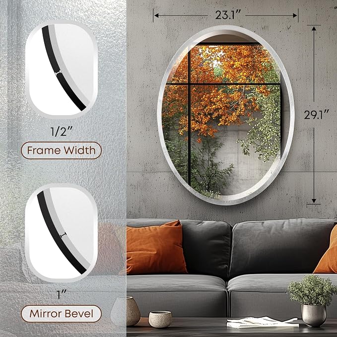 OVALCREST - Oval Wooden Beveled Wall Mirror for Home Decor, Bathroom, Vanity, Bedroom, Living Room, Hallway - London Style (Silver Leaf with Brown Antique) 29.1 x 23.1