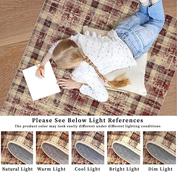 Washable Rugs 5x7 Rug for Living Room Bedroom Rug Modern Plaid Area Rug Soft Carpet 5'x7' Red