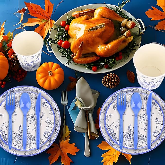 175Pcs Blue Floral Paper Plates and Napkins 25 Guests Blue Toile Chinoiserie Party Supplies Set Include Plates Napkins Cups Spoons Forks Knives for Birthday Wedding