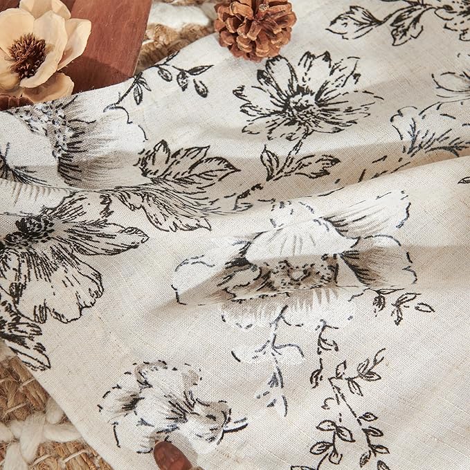 jinchan Linen Blend Curtain Floral Curtains for Living Room 90 Inch Length Black Printed Curtain Rod Pocket Back Tab Farmhouse Peony Flower Patterned Drapes Bedroom Window Curtains Set 2 Panels